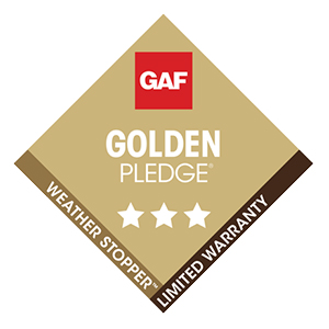 GAF Master Elite Golden Pledge Weather Stopper Limited Warranty badge